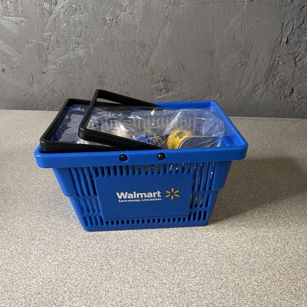 Walmart Blue Mini Grocery Shopping Basket Pretend Play w/ Assorted Toy Food